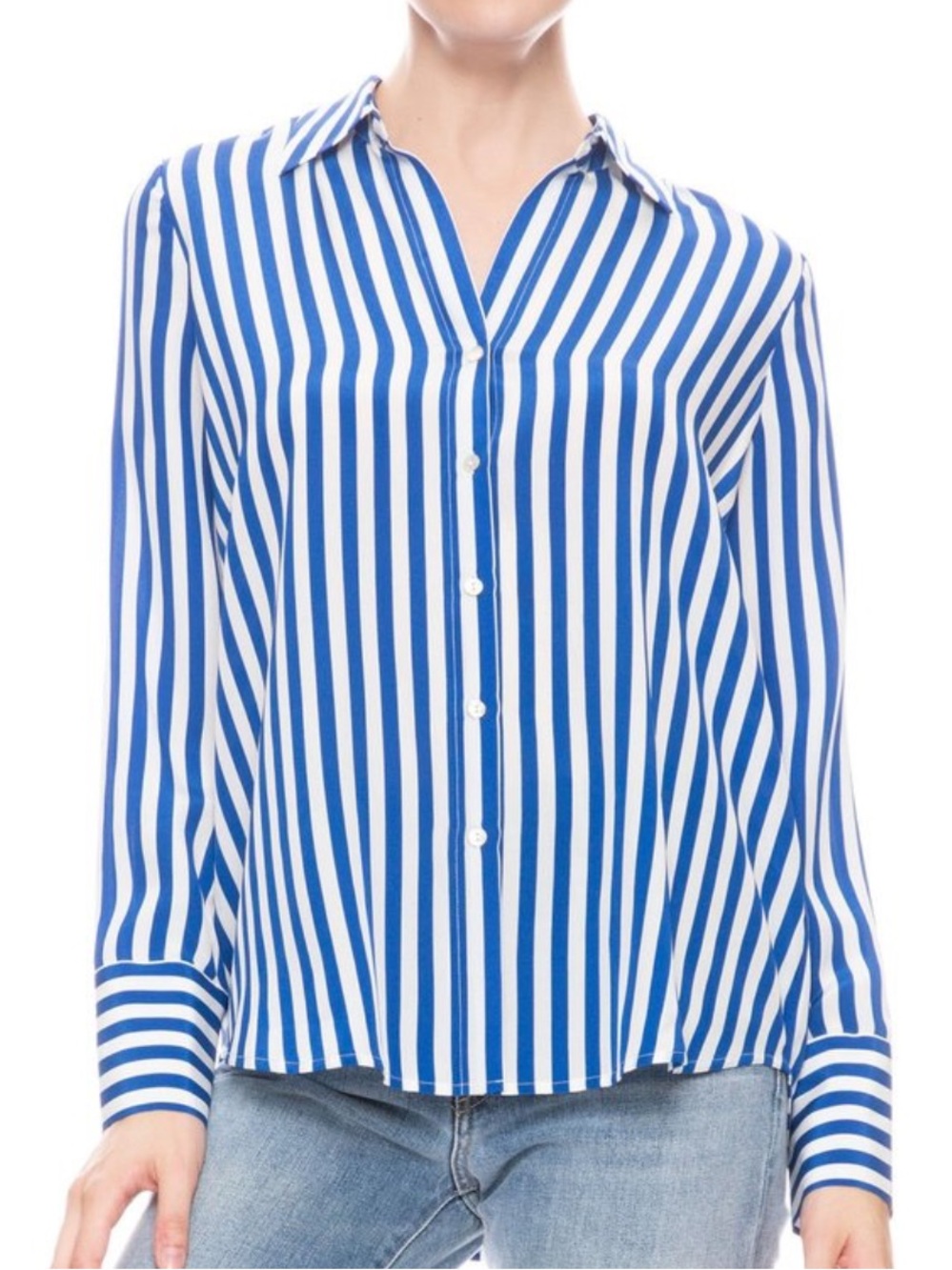 24H SALE - L'AGENCE Silk Blue and White Vertical Stripe Button-Down Shirt Small - Picture 10 of 10